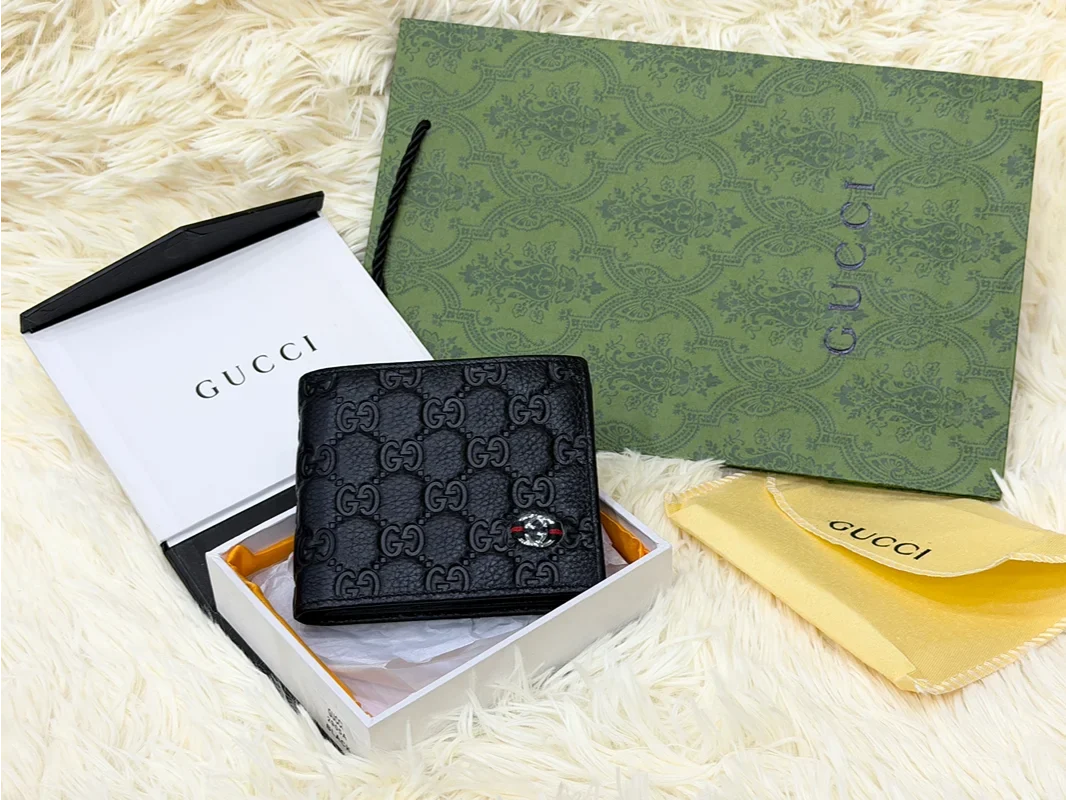 Gucci Black GG Monogram Bifold Wallet with Signature Emblem