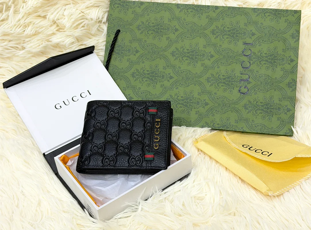 Gucci Black GG Monogram Bifold Wallet with Web Detail