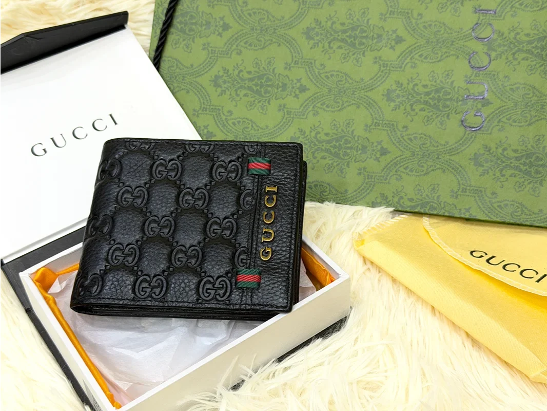 Gucci Black GG Monogram Bifold Wallet with Web Detail