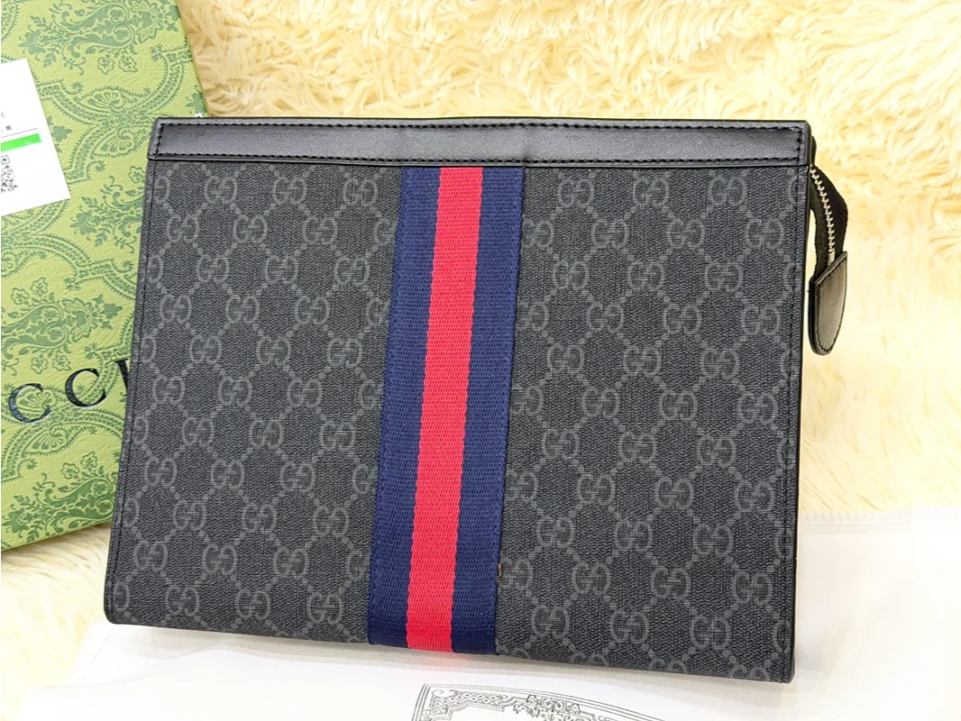 Gucci Black GG Monogram Blue Red Stripe Zip Pouch