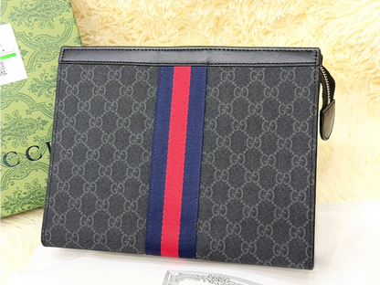 Gucci Black GG Monogram Blue Red Stripe Zip Pouch