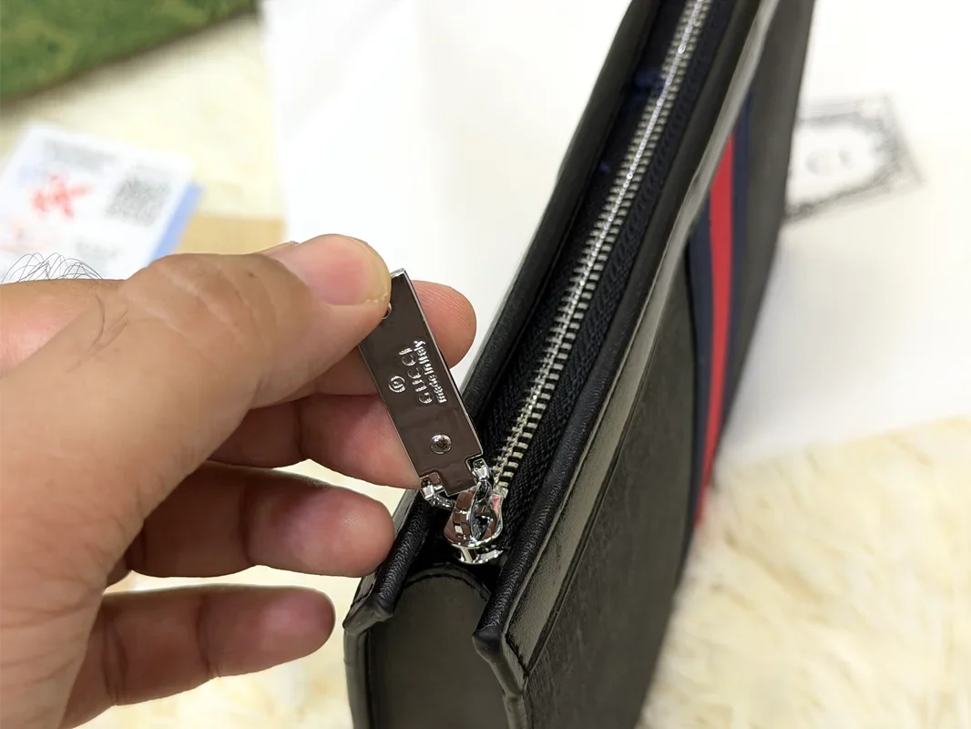 Gucci Black GG Monogram Blue Red Stripe Zip Pouch