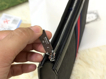 Gucci Black GG Monogram Blue Red Stripe Zip Pouch