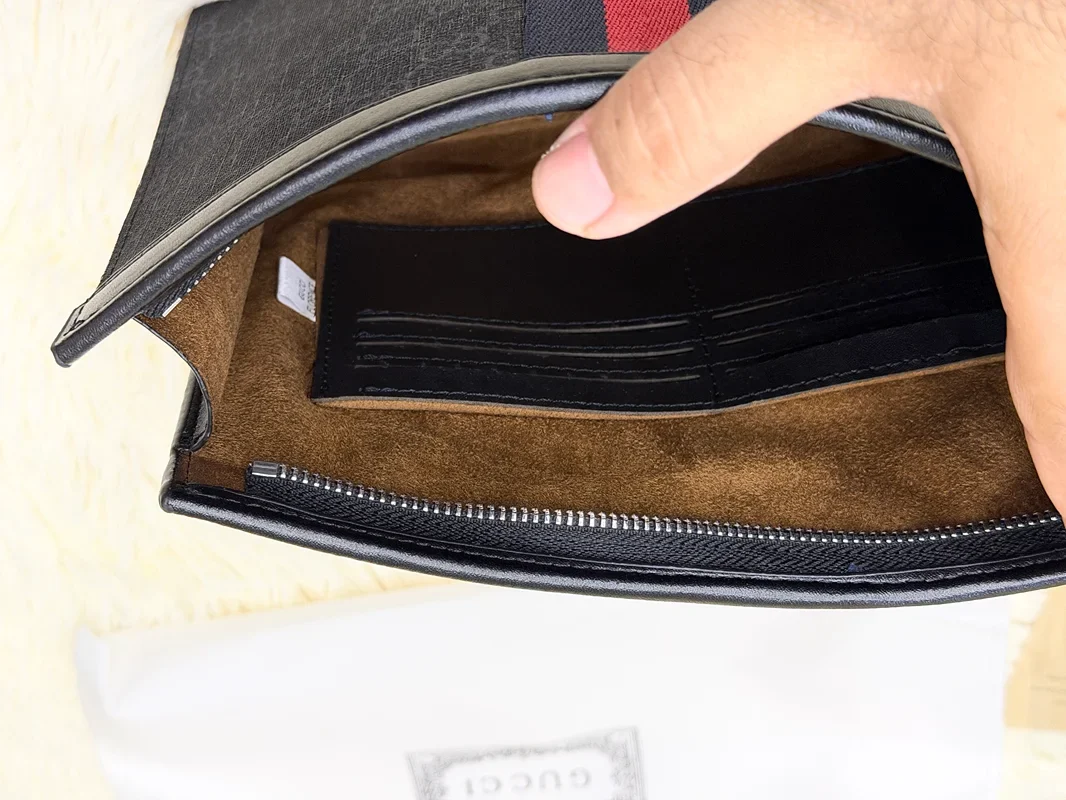 Gucci Black GG Monogram Blue Red Stripe Zip Pouch