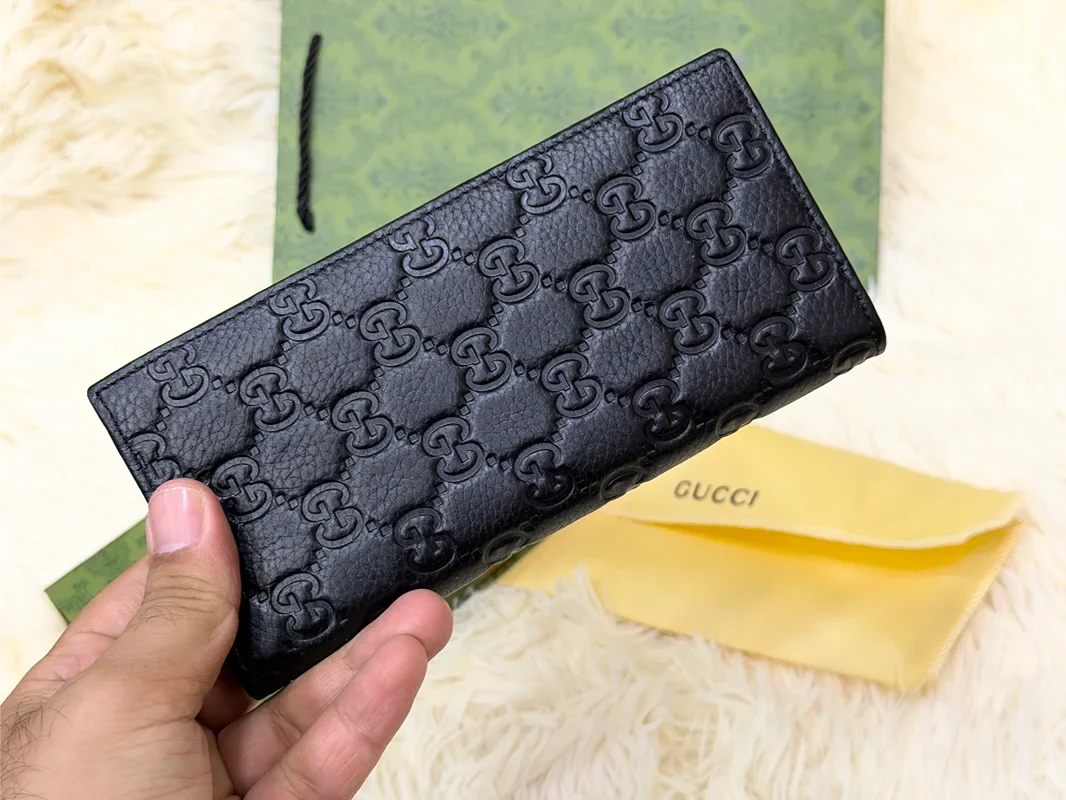Gucci Black GG Monogram Long Wallet with GG Emblem