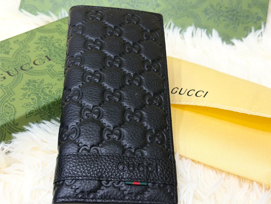 Gucci Black GG Monogram Long Wallet with Web Detail
