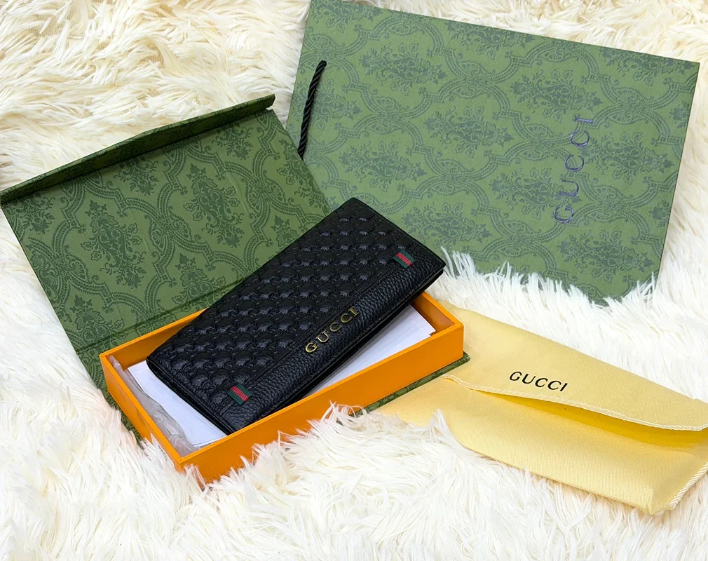 Gucci Black GG Monogram Long Wallet with Web Detail