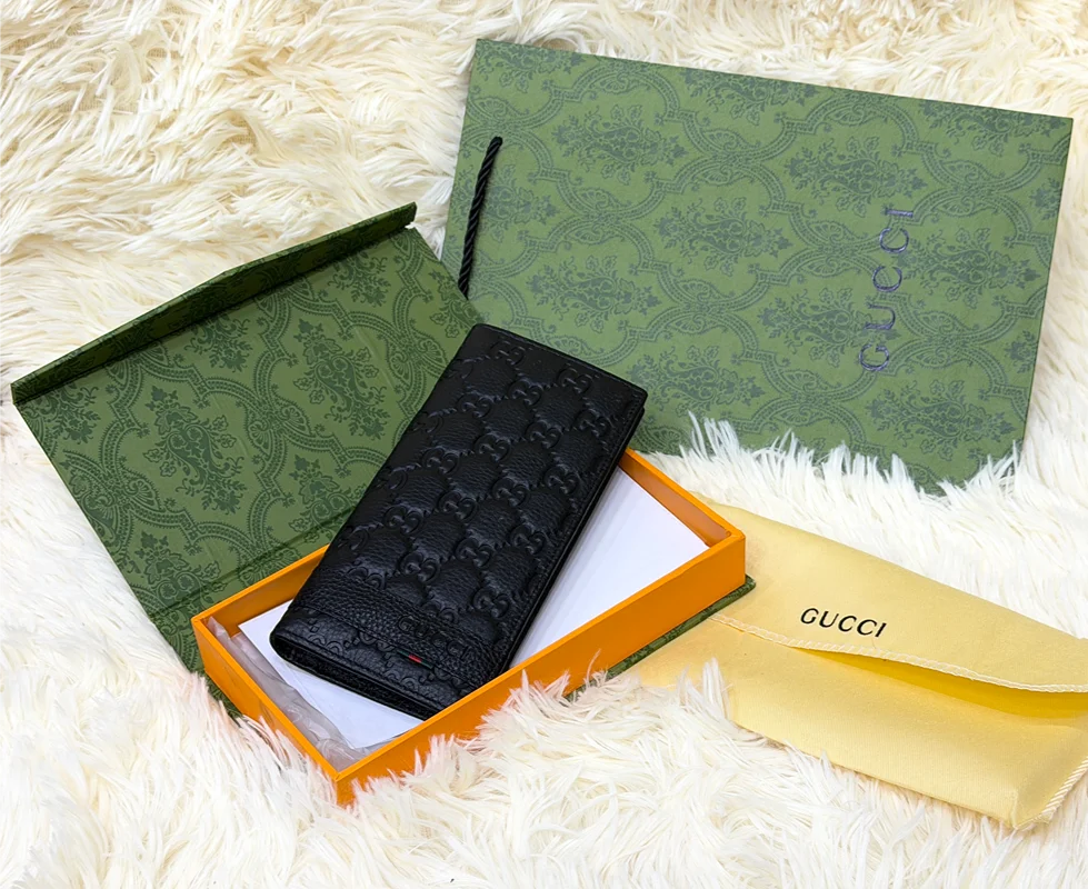Gucci Black GG Monogram Long Wallet with Web Detail