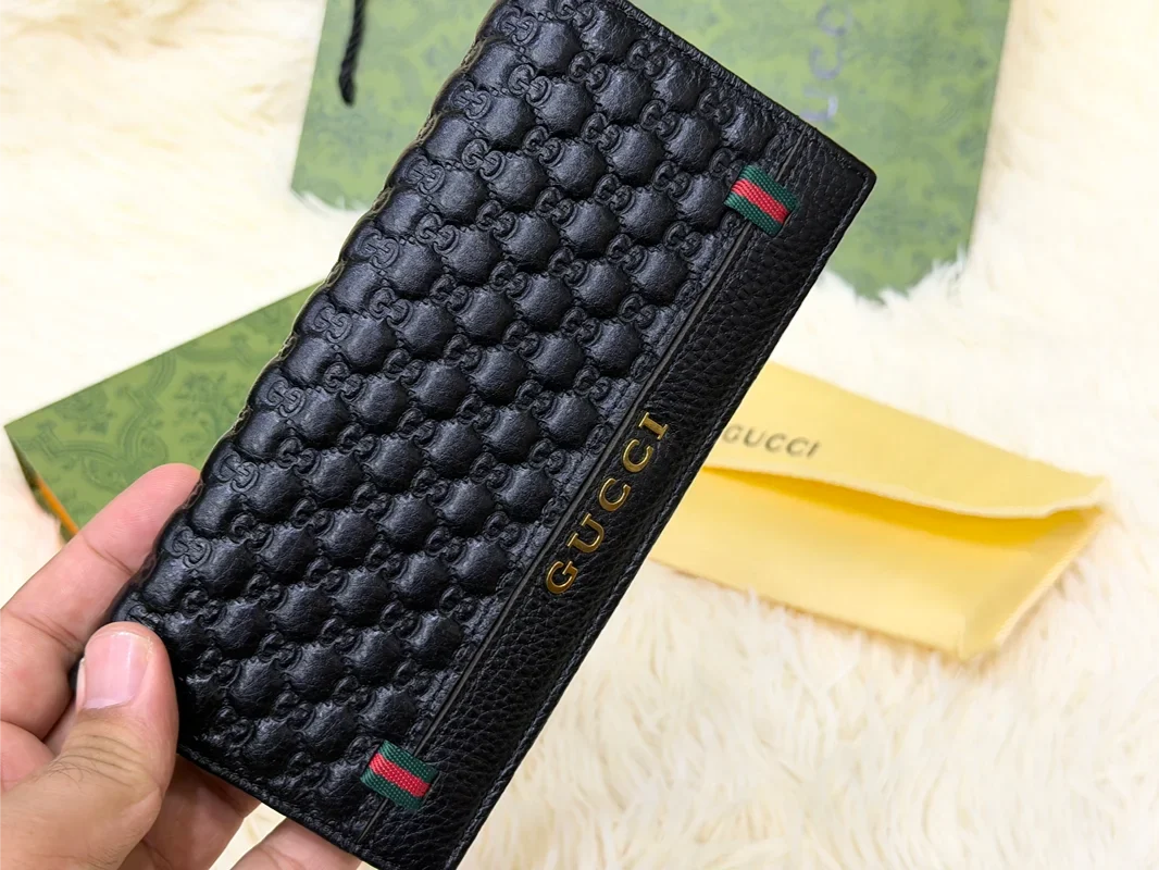 Gucci Black GG Monogram Long Wallet with Web Detail