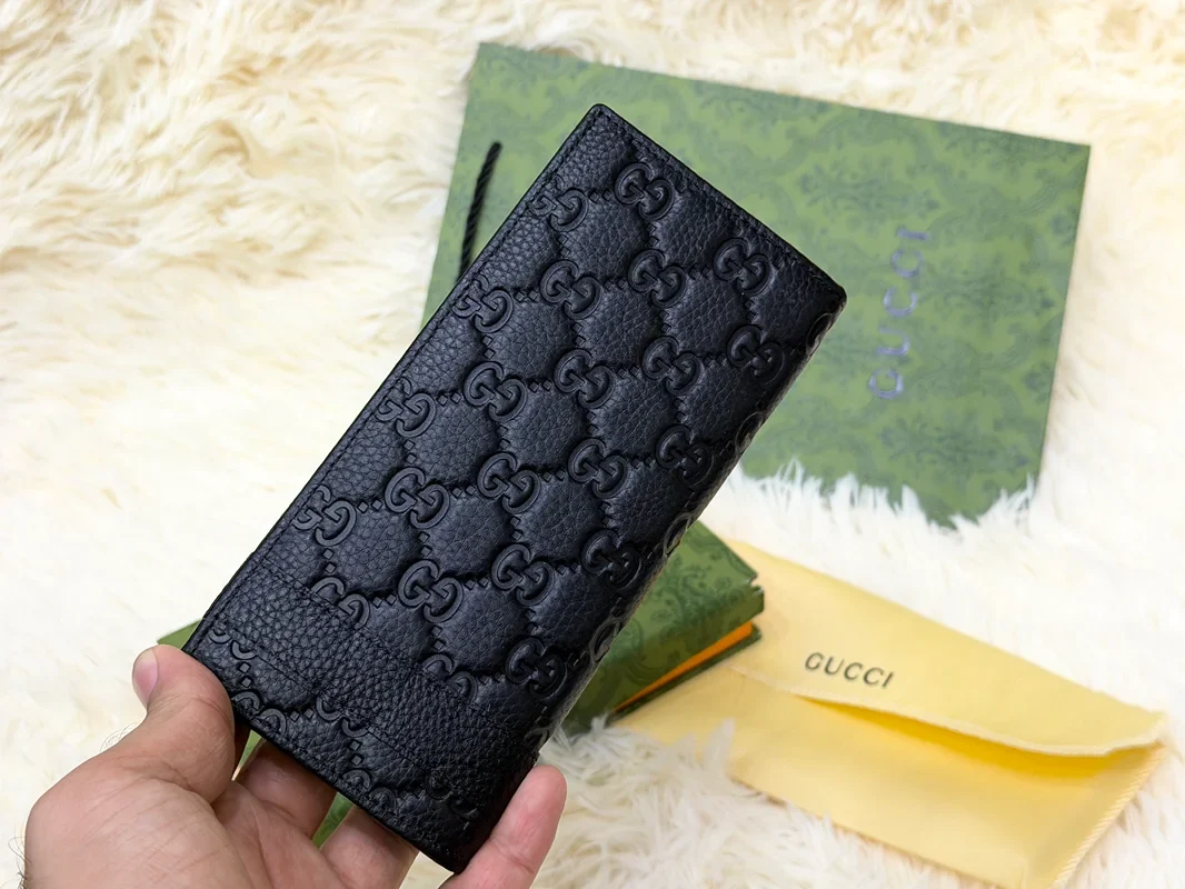 Gucci Black GG Monogram Long Wallet with Web Detail