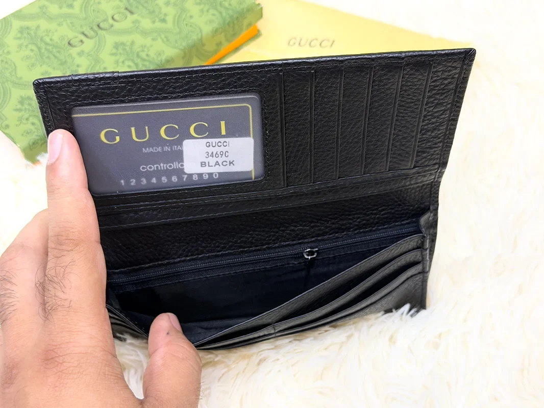 Gucci Black GG Monogram Long Wallet with Web Detail