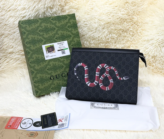 Gucci Black GG Monogram Snake Print Zip Pouch