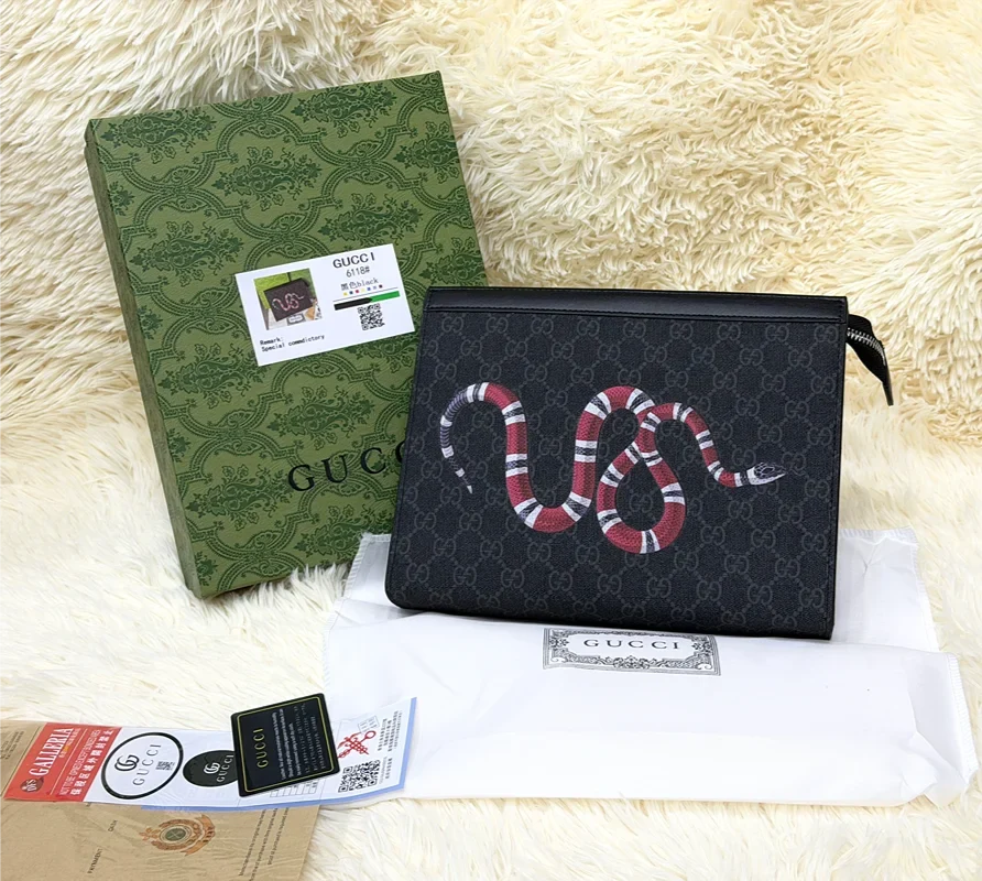Gucci Black GG Monogram Snake Print Zip Pouch