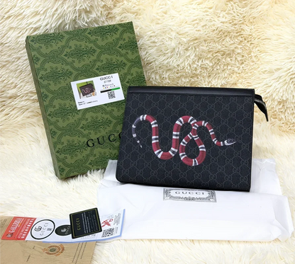 Gucci Black GG Monogram Snake Print Zip Pouch