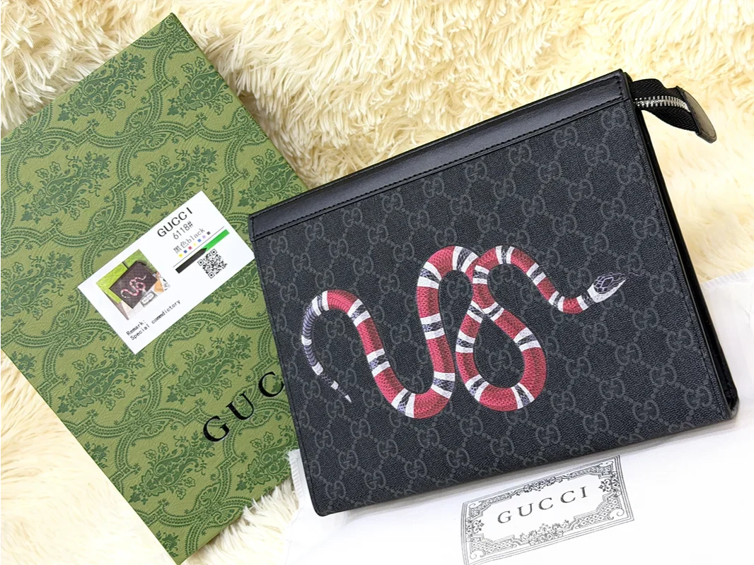 Gucci Black GG Monogram Snake Print Zip Pouch