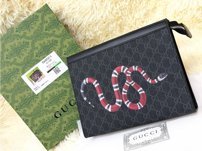 Gucci Black GG Monogram Snake Print Zip Pouch