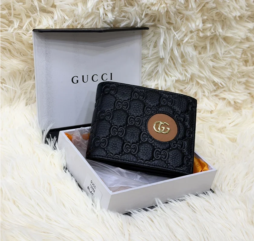 Gucci Black GG Monogram Wallet with Gold Detail