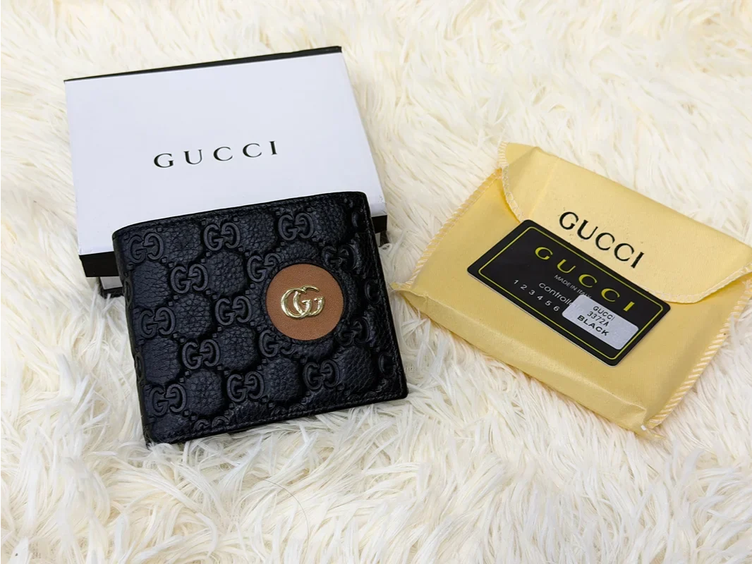 Gucci Black GG Monogram Wallet with Gold Detail