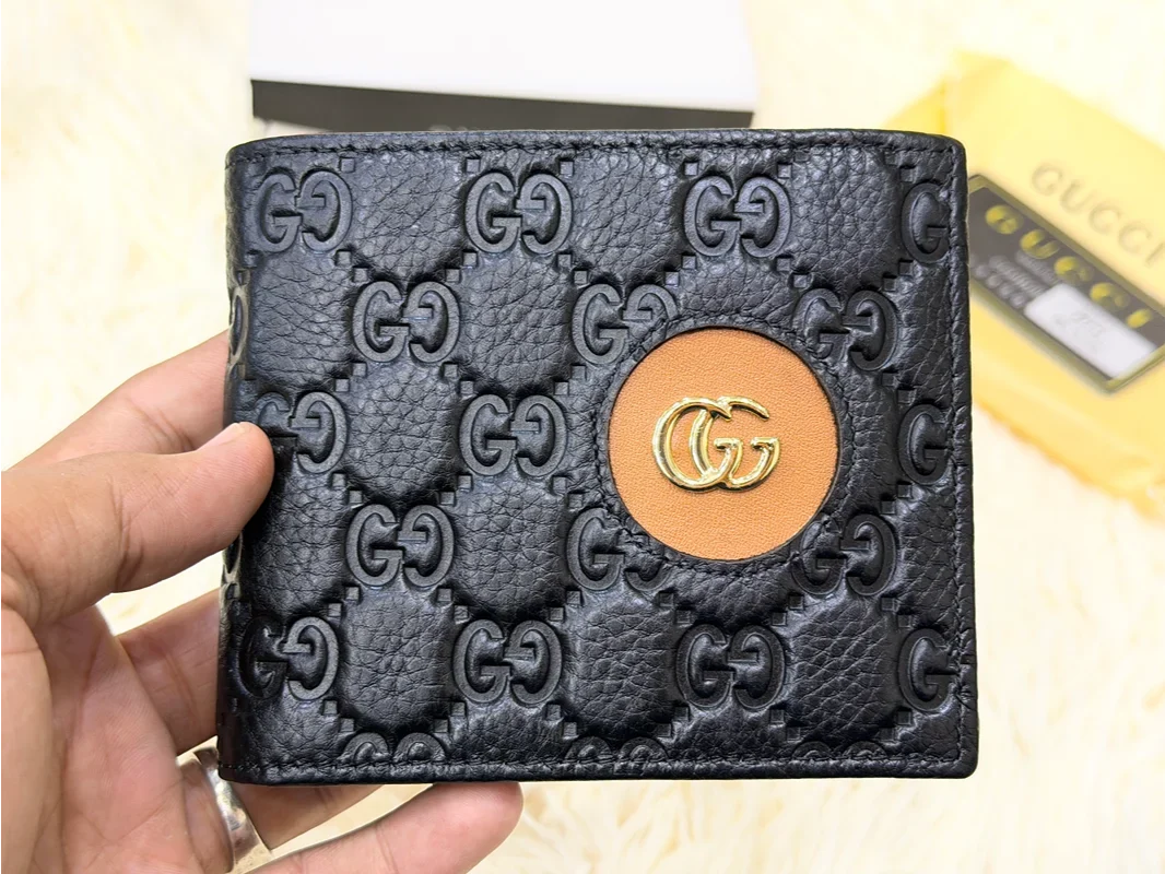 Gucci Black GG Monogram Wallet with Gold Detail