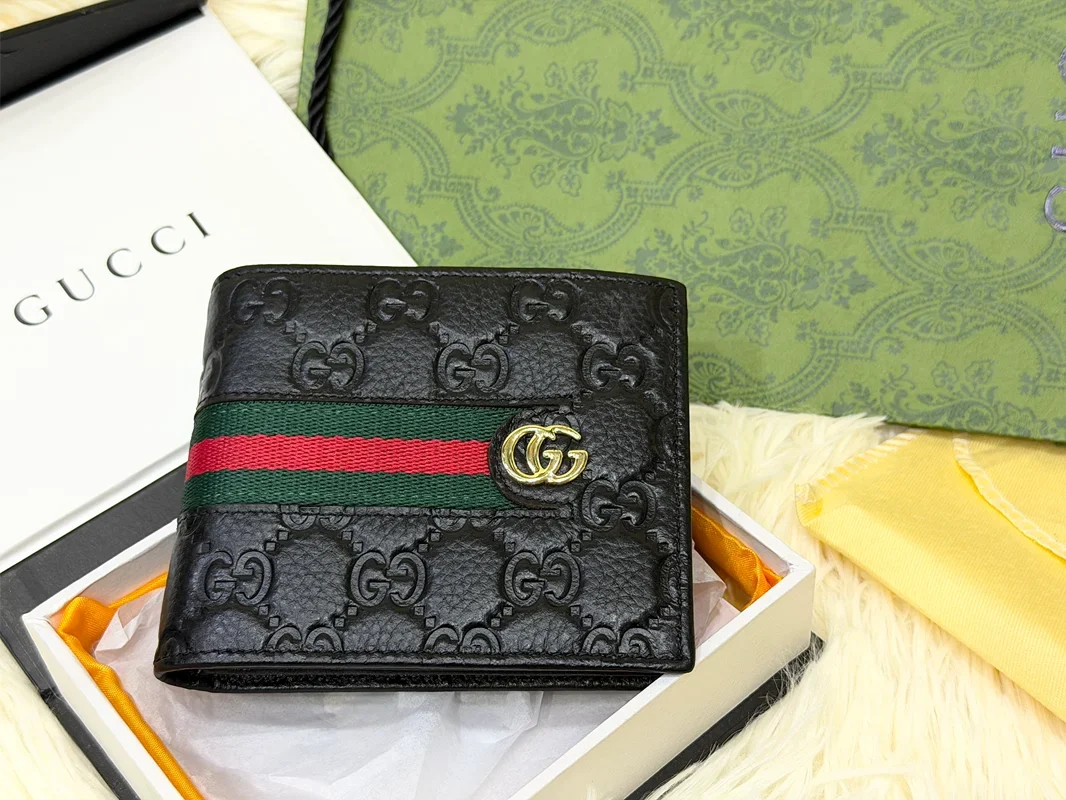 Gucci Black GG Monogram Wallet with Green Red Web Stripe