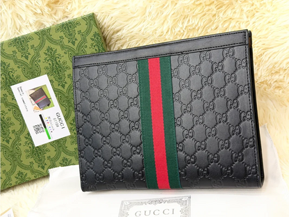 Gucci Black GG Monogram Web Stripe Zip Pouch