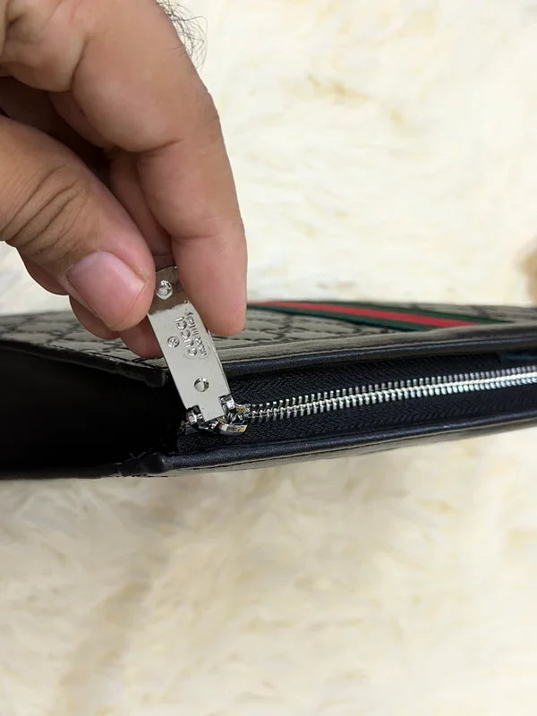 Gucci Black GG Monogram Web Stripe Zip Pouch
