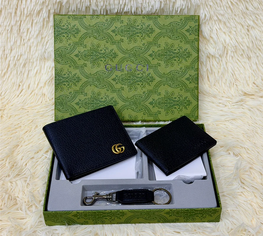 Gucci Black Grain Wallet Gift Set with Card Holder & Keychain