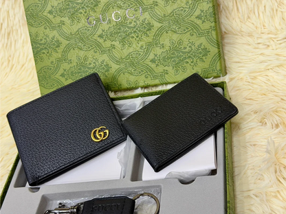 Gucci Black Grain Wallet Gift Set with Card Holder & Keychain