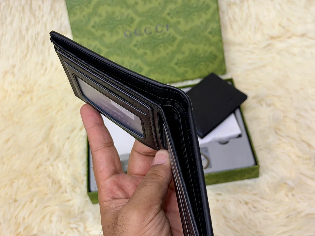 Gucci Black Grain Wallet Gift Set with Card Holder & Keychain