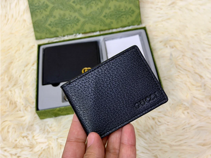 Gucci Black Grain Wallet Gift Set with Card Holder & Keychain