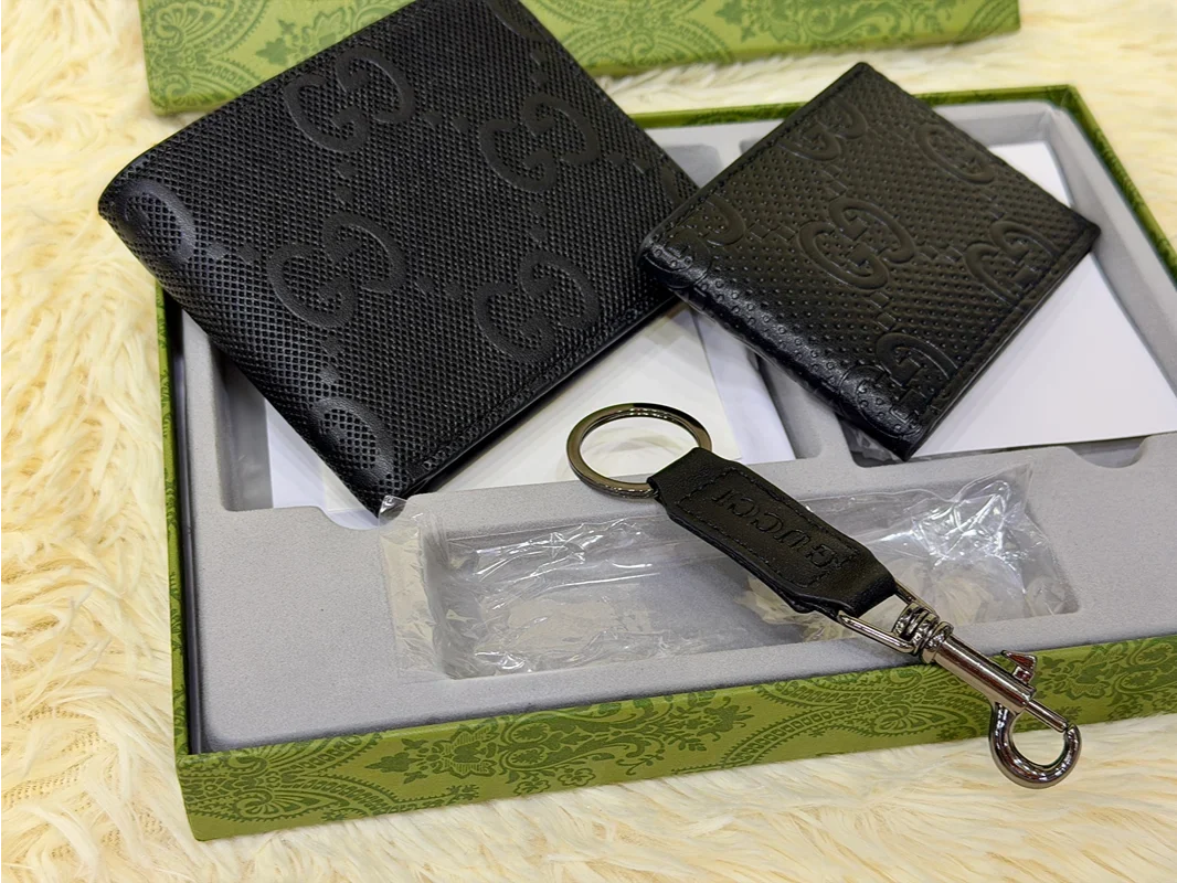 Gucci Black Monogram Wallet Gift Set with Card Holder & Keychain