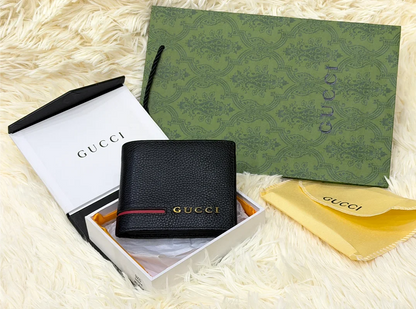 Gucci Black Textured Bifold Wallet with Red Stripe & Logo Detail