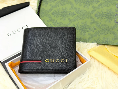 Gucci Black Textured Bifold Wallet with Red Stripe & Logo Detail