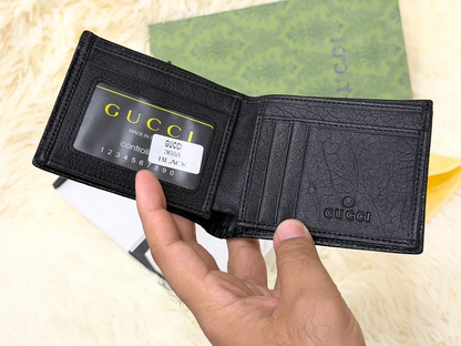 Gucci Black Textured Bifold Wallet with Red Stripe & Logo Detail