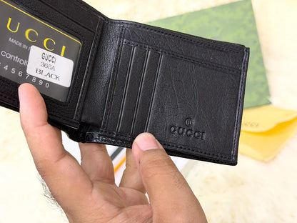 Gucci Black Textured Bifold Wallet with Red Stripe & Logo Detail