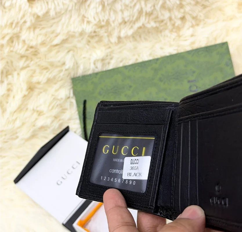 Gucci Black Textured Bifold Wallet with Red Stripe & Logo Detail