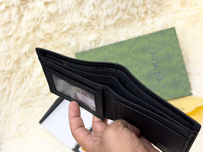 Gucci Black Textured Bifold Wallet with Red Stripe & Logo Detail