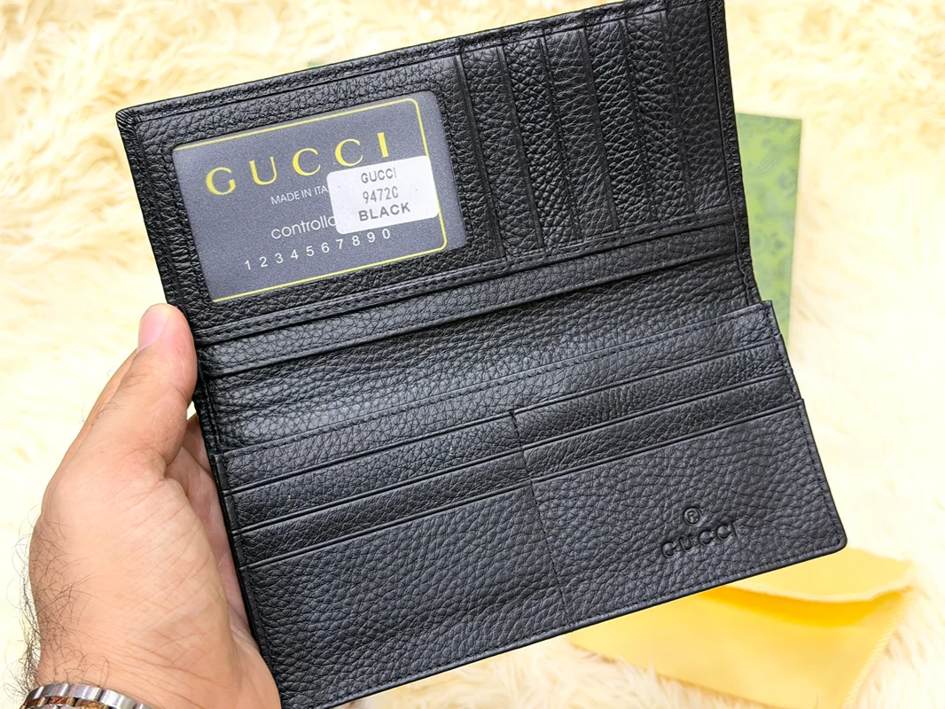 Gucci Black Textured Long Wallet with Mini GG Logo