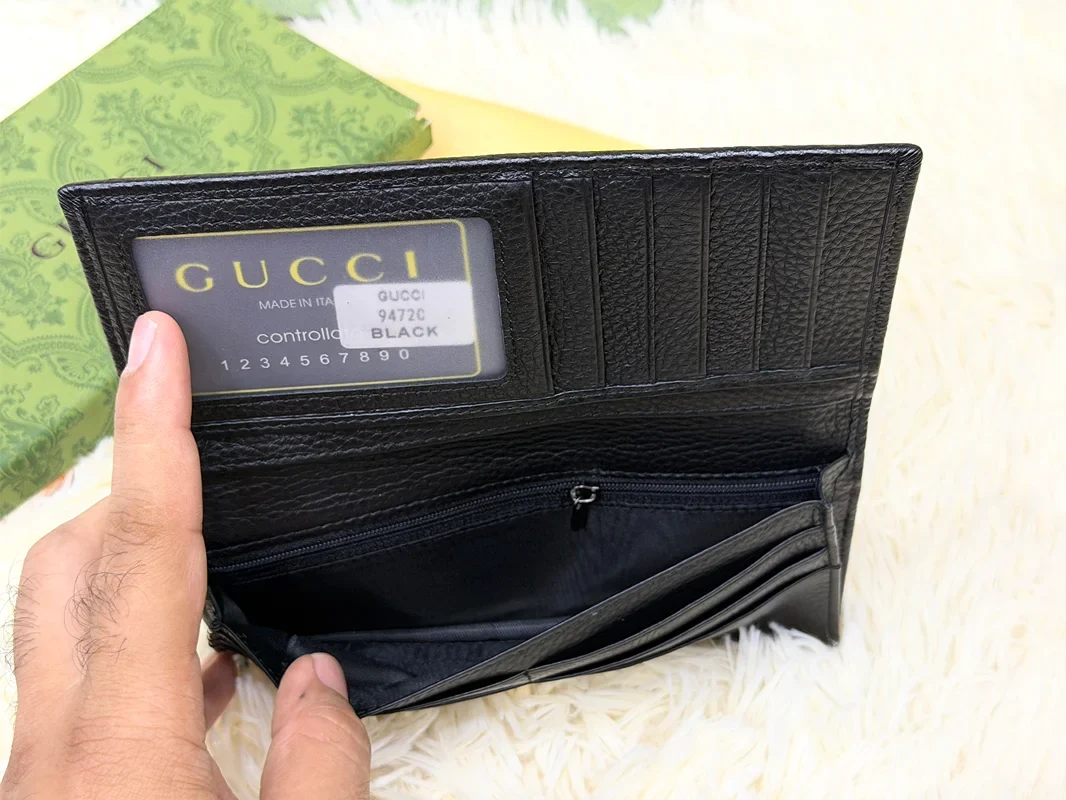 Gucci Black Textured Long Wallet with Mini GG Logo