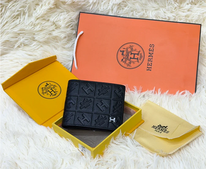 Hermes Black Patterned Bifold Wallet with Signature H Detail
