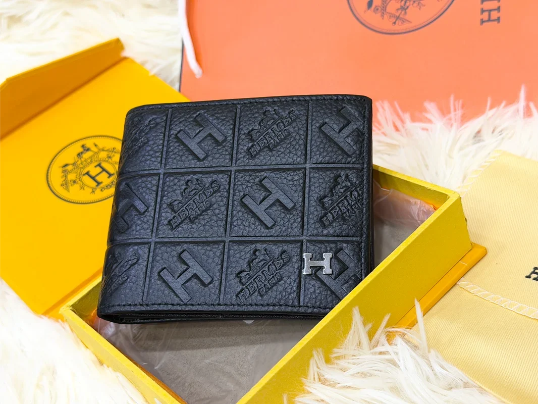 Hermes Black Patterned Bifold Wallet with Signature H Detail