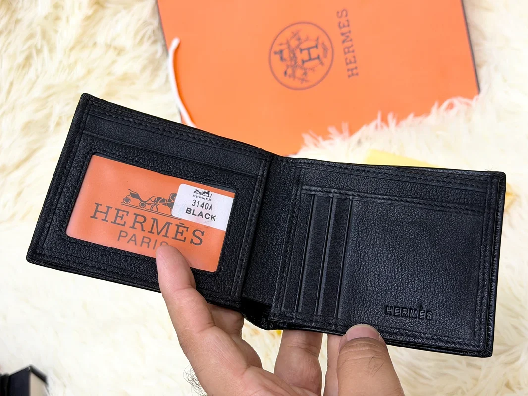 Hermes Black Patterned Bifold Wallet with Signature H Detail