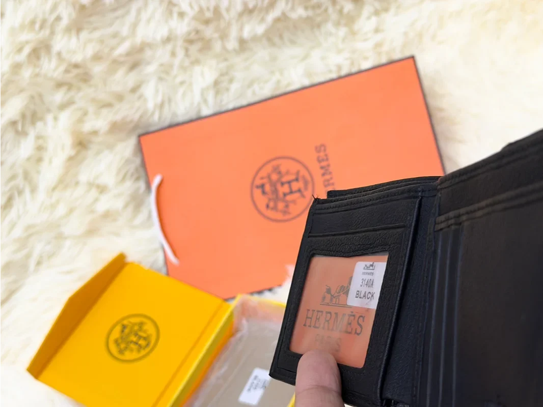 Hermes Black Patterned Bifold Wallet with Signature H Detail