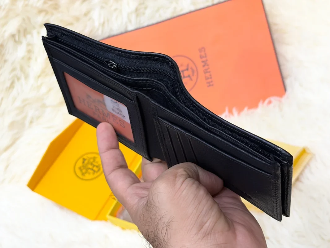 Hermes Black Patterned Bifold Wallet with Signature H Detail