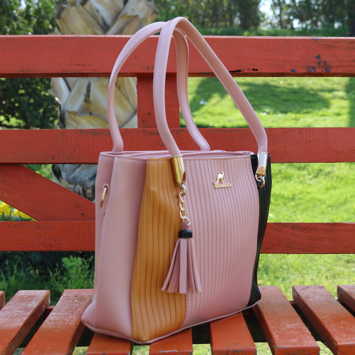 Blush Pink Color Block Ribbed Tote Bag