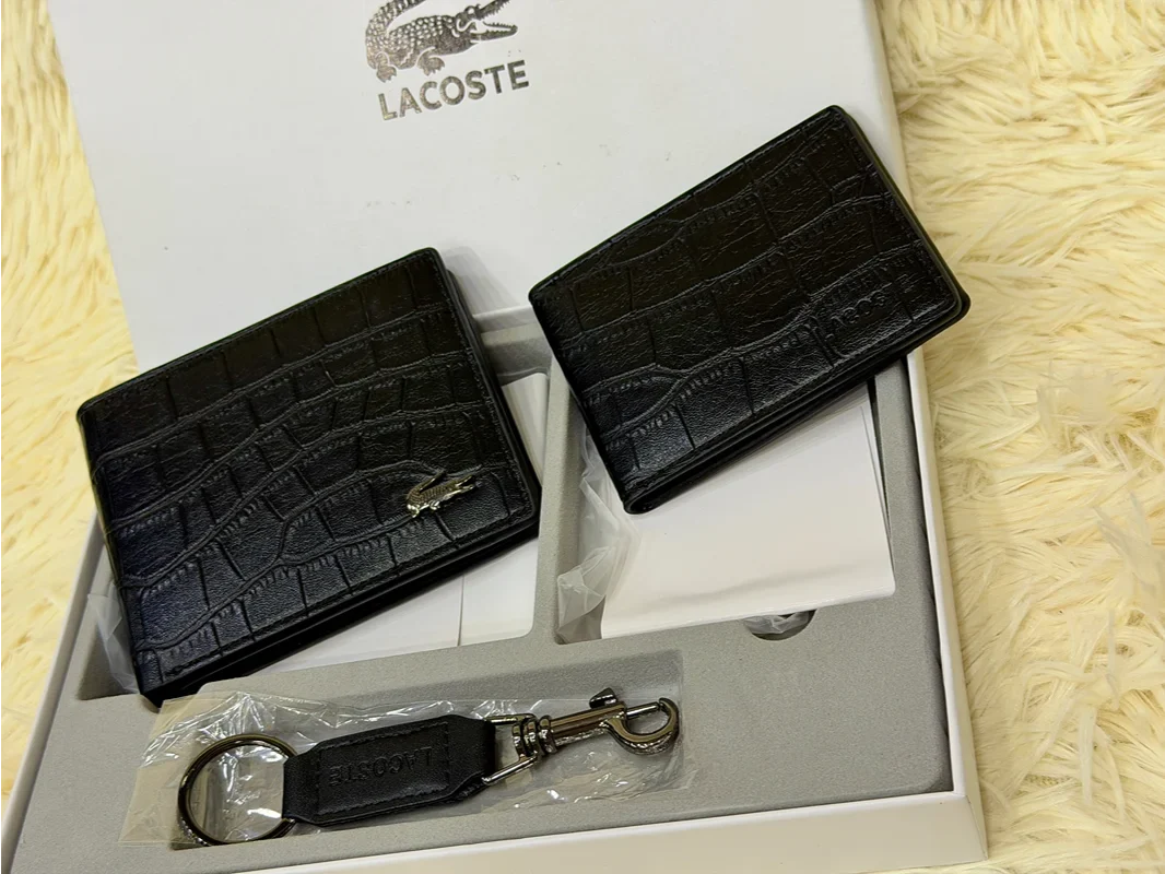 Lacoste Black Croc Embossed Bifold Wallet Set with Matching Card Holder