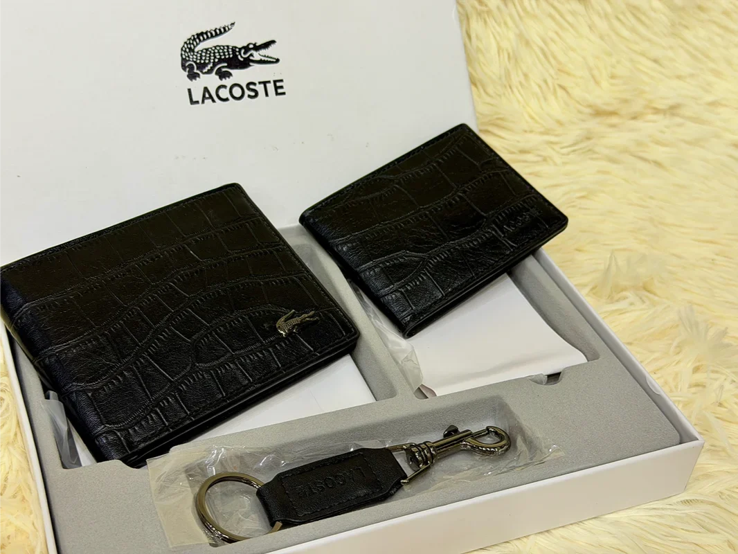 Lacoste Black Croc Embossed Bifold Wallet Set with Matching Card Holder
