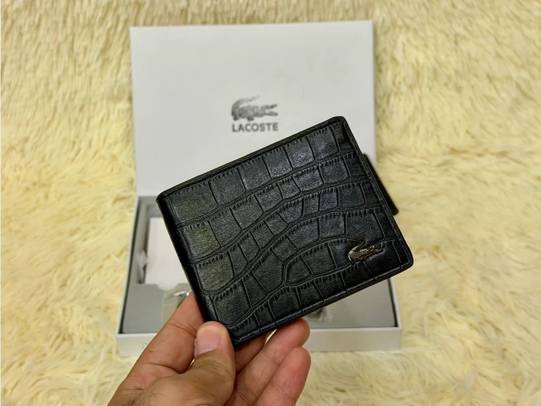 Lacoste Black Croc Embossed Bifold Wallet Set with Matching Card Holder