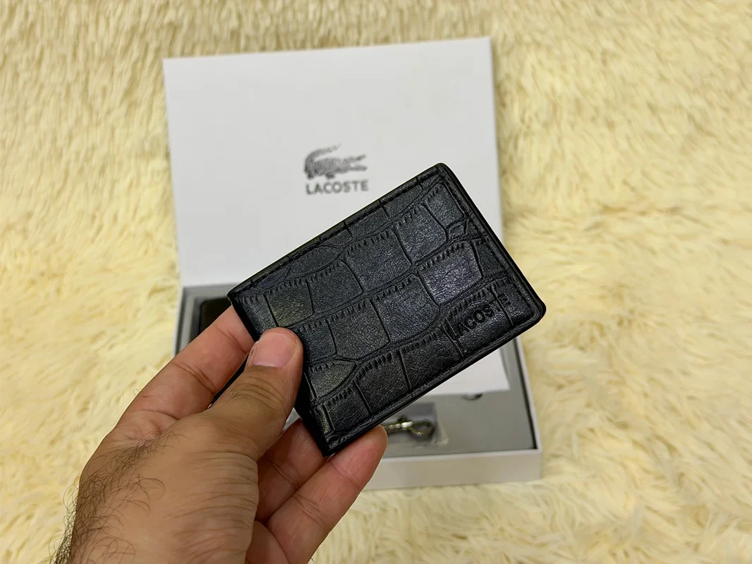 Lacoste Black Croc Embossed Bifold Wallet Set with Matching Card Holder