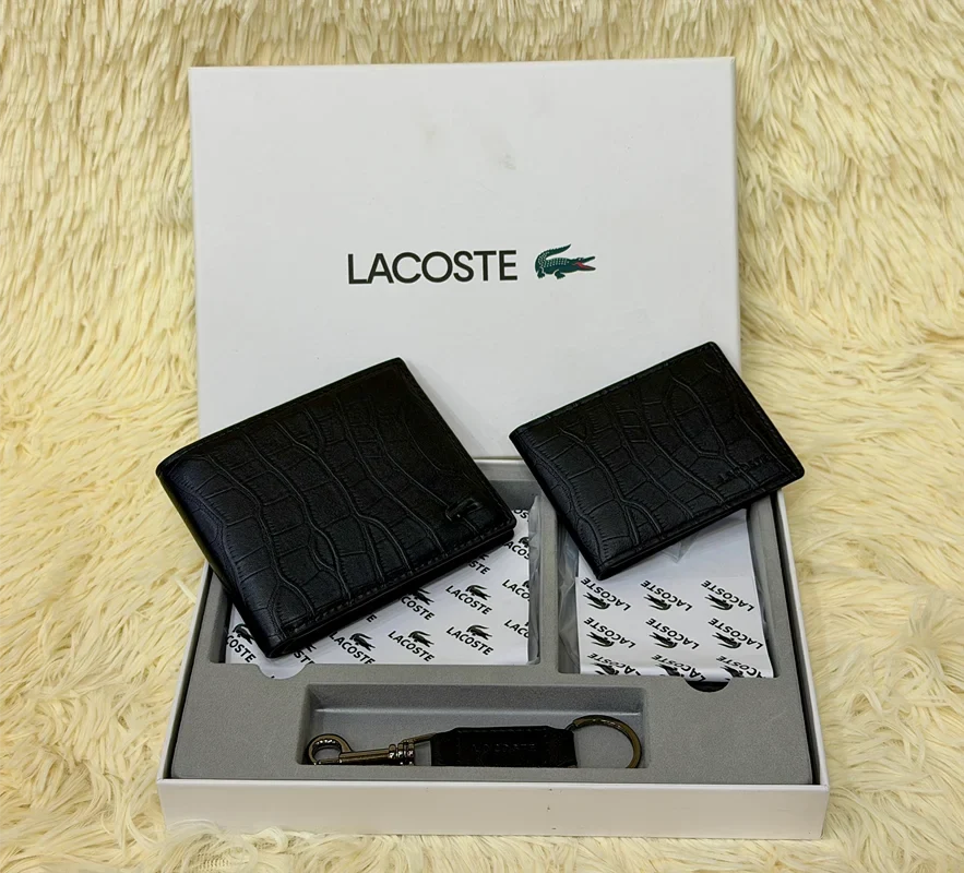 Lacoste Croc Embossed Black Wallet Gift Set with Card Holder & Keychain